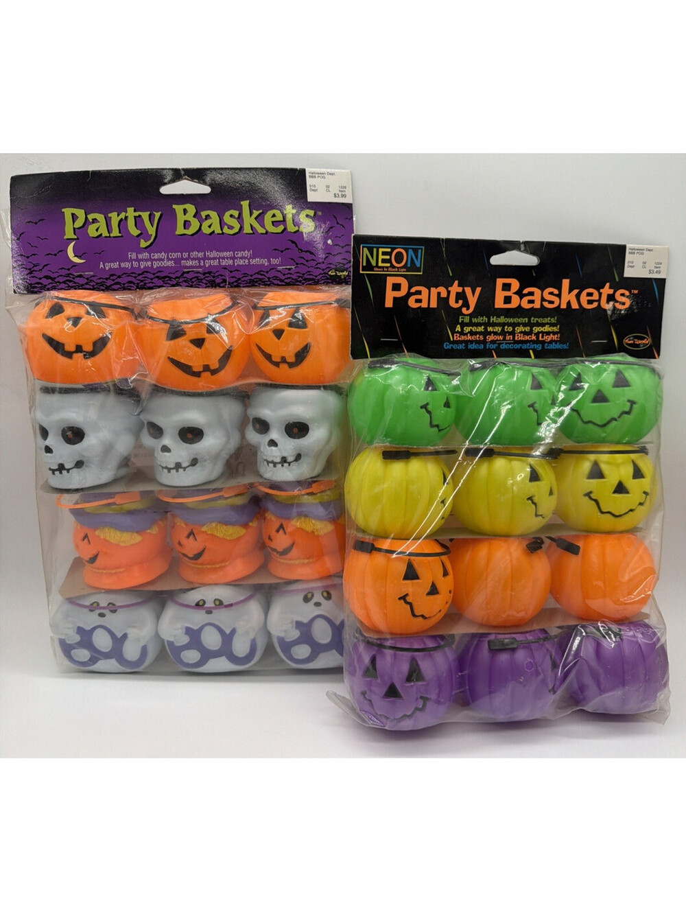 Lot of 2 Vintage Halloween Party Baskets Skull Ghost Pumpkin Candy Blow Molds